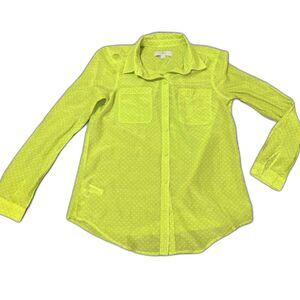 LOFT Blouse S Apple Green White Polka Dot Cotton Silk Button Front Work Casual